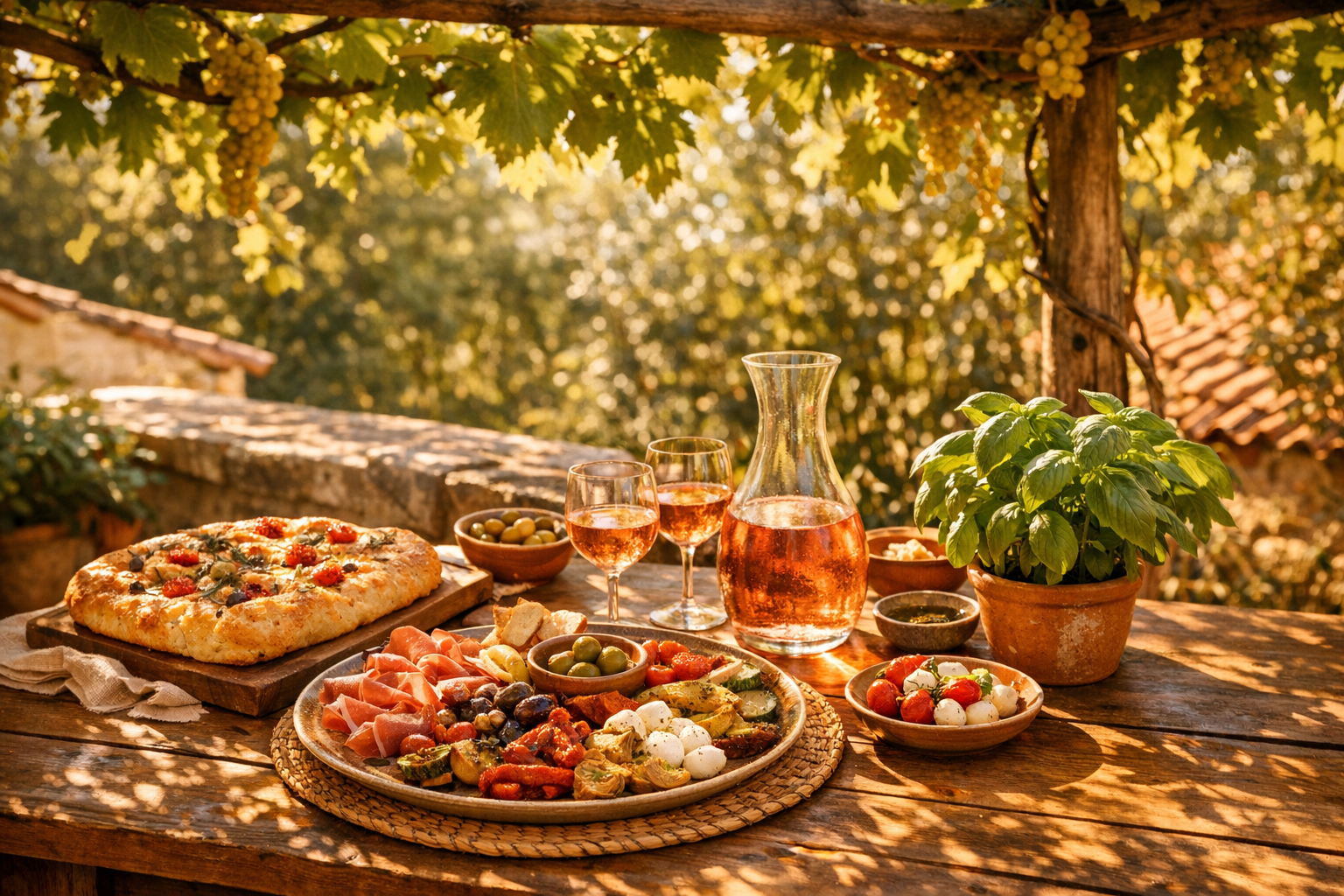 Table méditerranéenne en pergola, focaccia et carafe de rosé